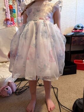 Girls White Floral Organza Party Dress with Pastel Butterflies
